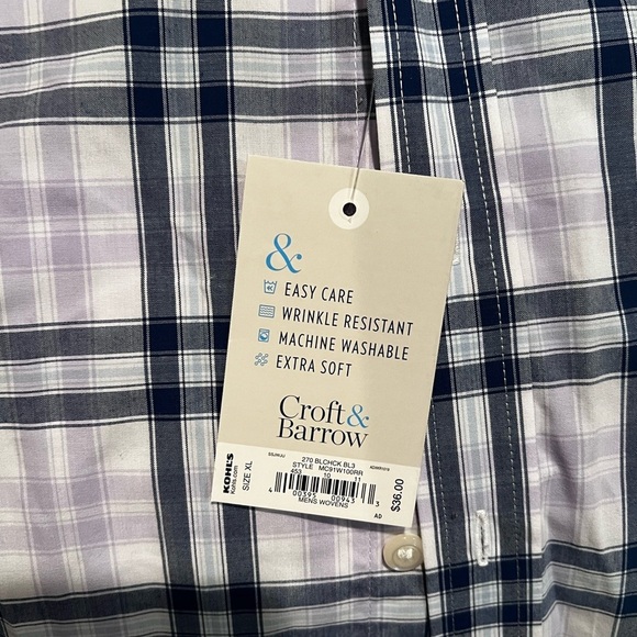 NWT Croft & Barrow Men’s short sleeve button front shirt. Purple Blue Plaid - Picture 3 of 5